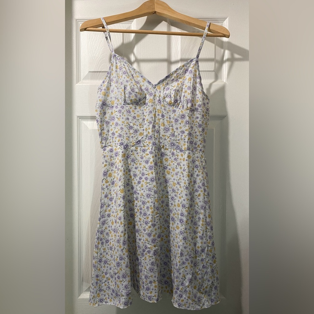 Ruched Bust Allover Floral Print Cami Dress White With Purple And Yellow Flowers